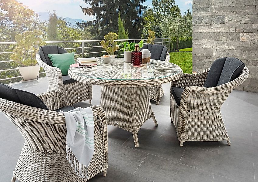 Destiny Garten-Essgruppe MALAGA LUNA, (Set, 5-tlg., 1 Tisch Ø, 4 Sessel), ( günstig online kaufen