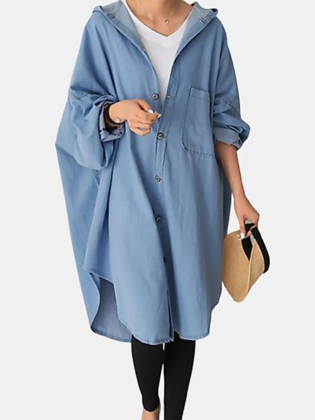 Denim Solid Color Irregular Hooded Loose Plus Größe Shirt günstig online kaufen