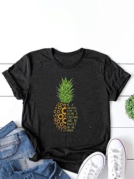 Ananas Sonnenblume bedruckte Buchstaben O-Ausschnitt Kurzarm T-Shirt günstig online kaufen