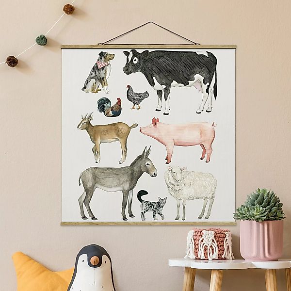 Stoffbild Tiere mit Posterleisten - Quadrat Bauernhof Tierfamilie I günstig online kaufen