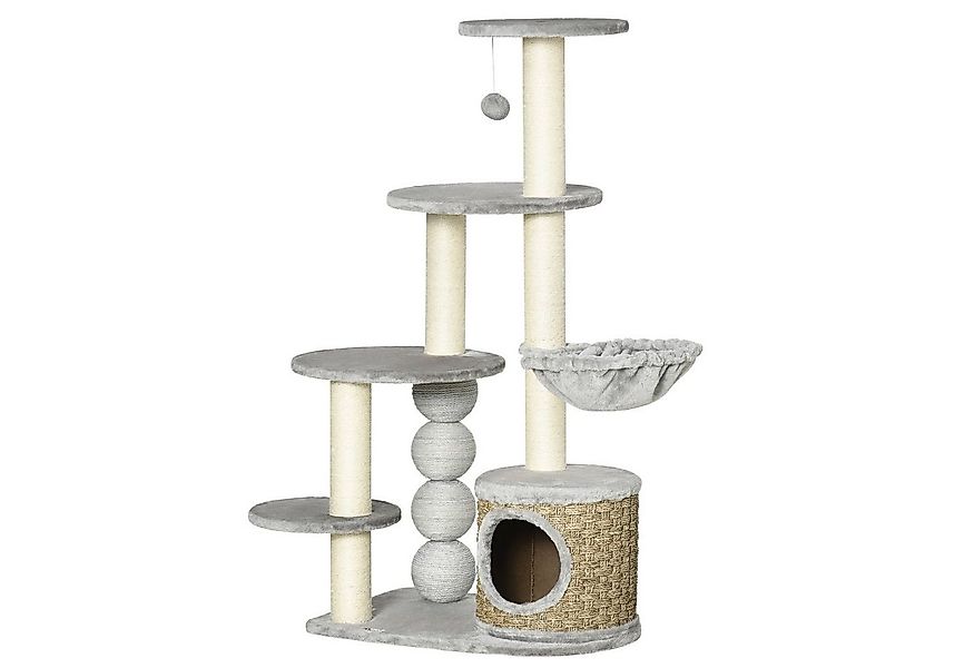 PawHut Kratzbaum mit Katzenhöhle, Hängematte und 3 Kratzstämme, Hellgrau, 6 günstig online kaufen