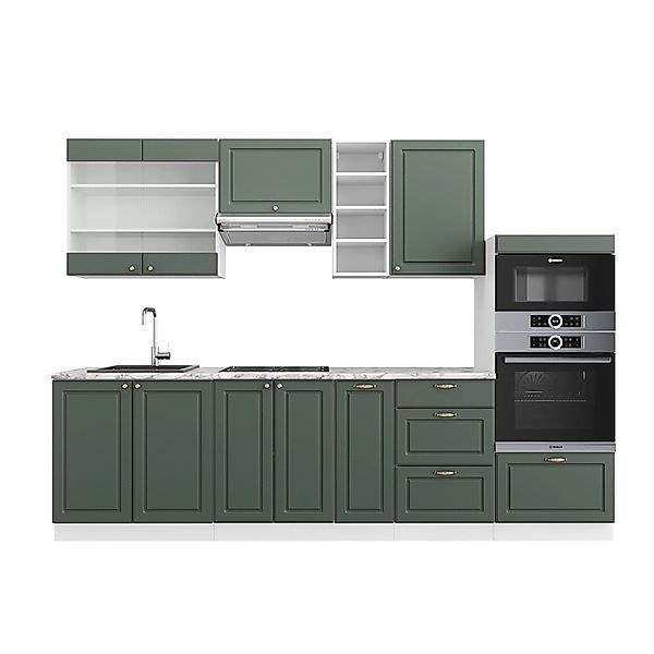 Vicco Fame-Line Küchenzeile Grün-Gold Landhaus/Weiß 280 cm AP Marmor günstig online kaufen