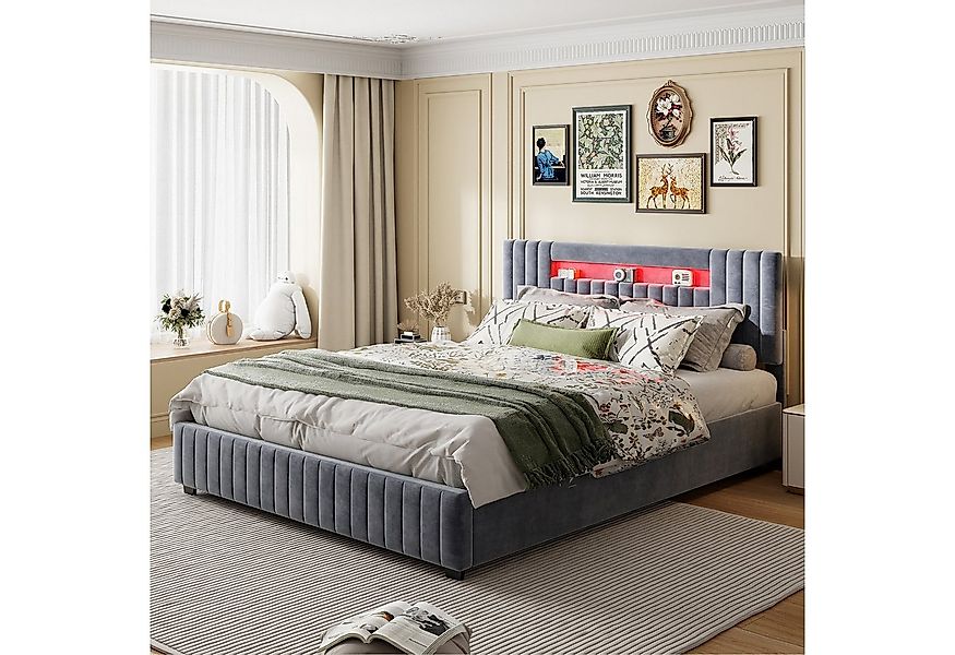 PXloue Polsterbett mit bettkasten (LED-Beleuchtung) 160x200 cm, Doppelbett, günstig online kaufen