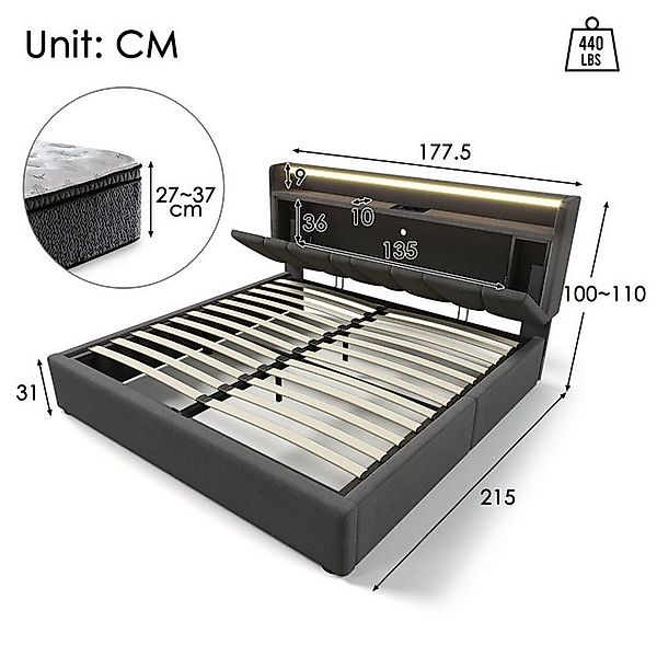 Flieks Polsterbett, Hydraulisches Doppelbett 160x200cm Stauraumkopfteil LED günstig online kaufen