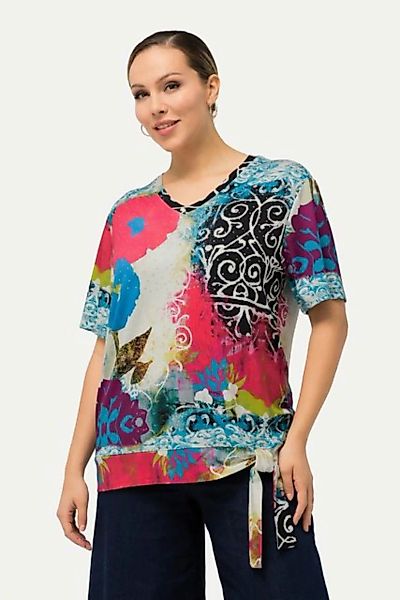 Ulla Popken Rundhalsshirt T-Shirt Blumen Ziersteine V-Ausschnitt Halbarm günstig online kaufen