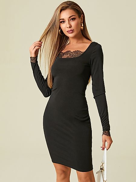 Black Patch Lace Vierkantausschnitt Lange Ärmel Kleid günstig online kaufen