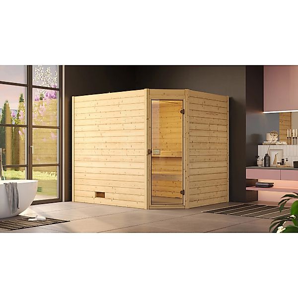 Weka Massivholzsauna Valida Eck 3 Sparset 7,5 kW OS Glastür günstig online kaufen
