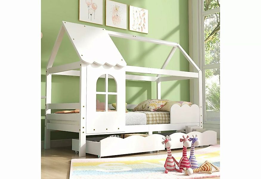 Flieks Kinderbett, Hausbett mit 2 Schubladen Kiefernholz Jugendbett 90x200c günstig online kaufen