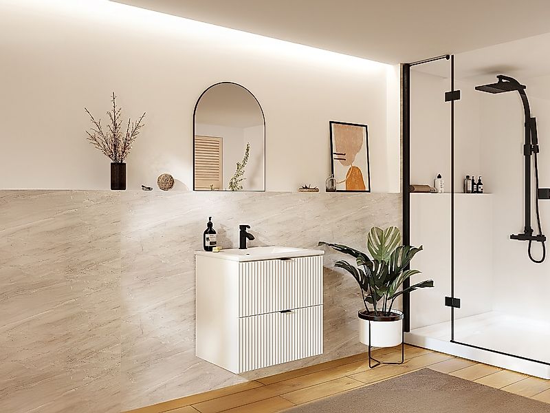 Waschbeckenunterschrank hängend - Streifenoptik - Weiß matt - 60 cm - ZEVIN günstig online kaufen