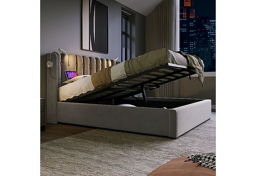 Flieks Polsterbett, Hydraulisches Stauraumbett mit Leselicht und Ladefunkti günstig online kaufen