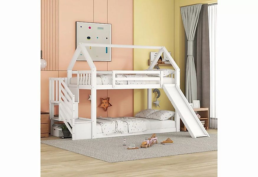 REDOM Bett Etagenbett Hausbett, Kinderbett mit Geländer (mit Stauraumtreppe günstig online kaufen