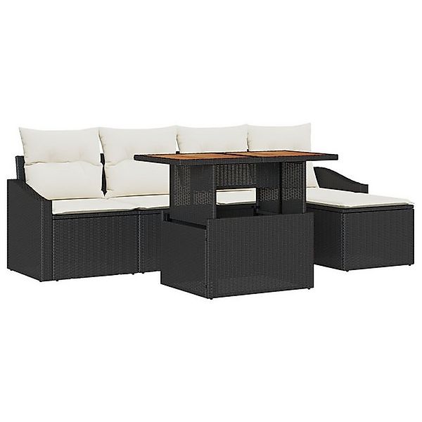 vidaXL Loungesofa 6-teiliges Garten Esstischset mit Kissen Schwarz Poly Rat günstig online kaufen
