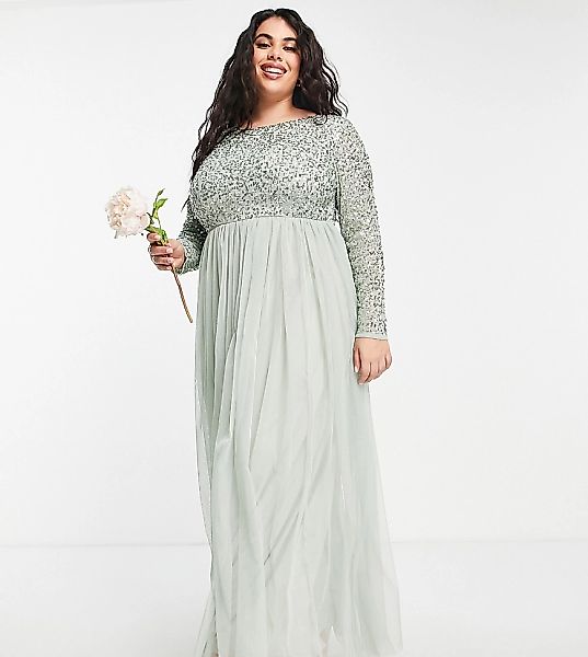 Maya Plus – Bridesmaid – Langärmliges Maxi-Tüllkleid mit filigranen, farbli günstig online kaufen