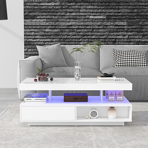 Couchtisch weiß Hochglanz 95x50 cm LED-Couchtisch mit 4 Glaseinsätzen 2 Sch günstig online kaufen