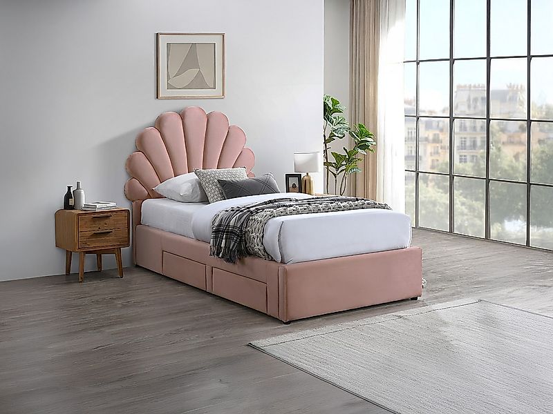 Bett Muschelbett - 90 x 190 cm - mit 2 Schubladen - Samt - Rosa + Matratze günstig online kaufen