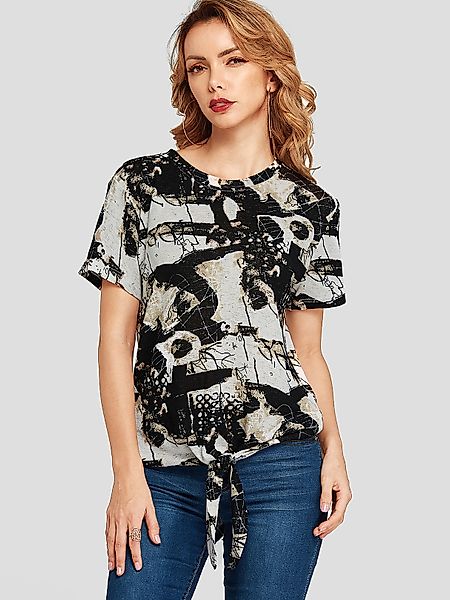 YOINS Black Knotted Abstract Print Rundhals-T-Shirt günstig online kaufen