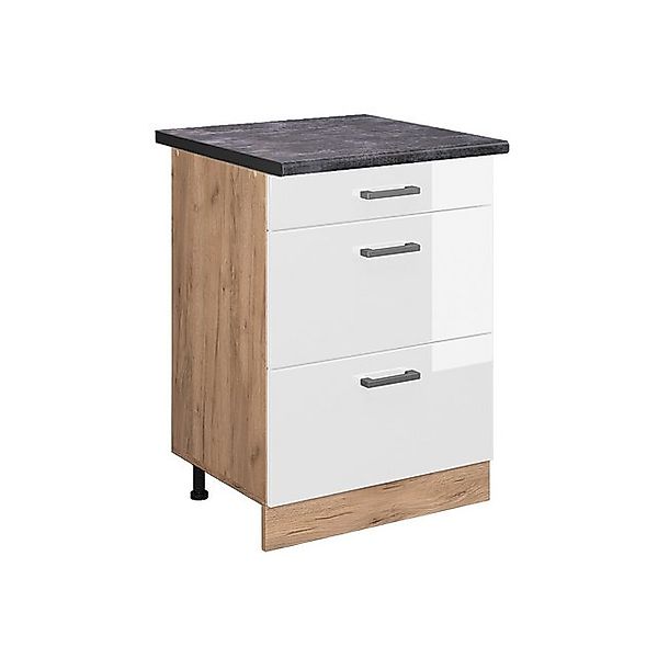 Vicco Küchenunterschrank R-Line Weiß Hochglanz/Goldkraft Eiche 60 cm mit Sc günstig online kaufen