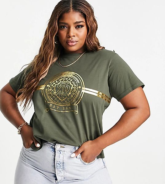 River Island Plus – T-Shirt in Khaki mit Knopfdetail an der Schulter und RR günstig online kaufen