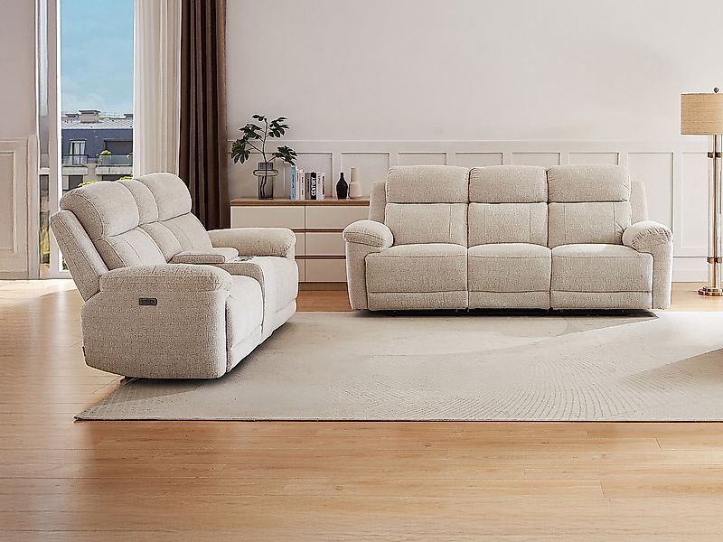 Relaxsofa 3-Sitzer & Relaxsofa 2-Sitzer elektrisch - melierter Stoff - Beig günstig online kaufen