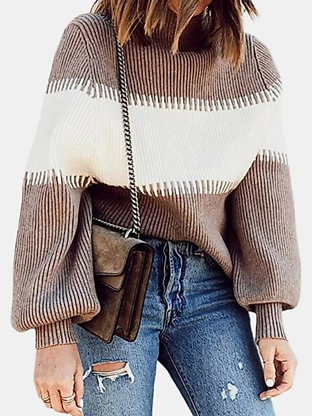 Kontrastfarbener Laternenärmel-Pullover mit O-Ausschnitt für Damen günstig online kaufen