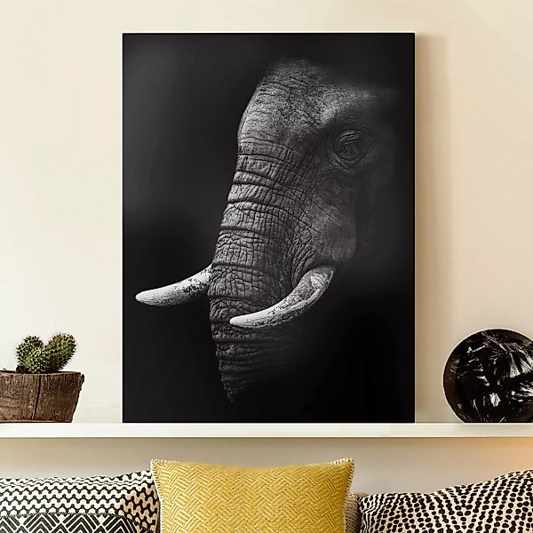 Leinwandbild Schwarz-Weiß - Hochformat Dunkles Elefanten Portrait günstig online kaufen