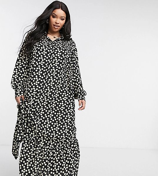 Glamorous Curve – Gesmoktes Hemdkleid mit Punkte-Print-Schwarz günstig online kaufen