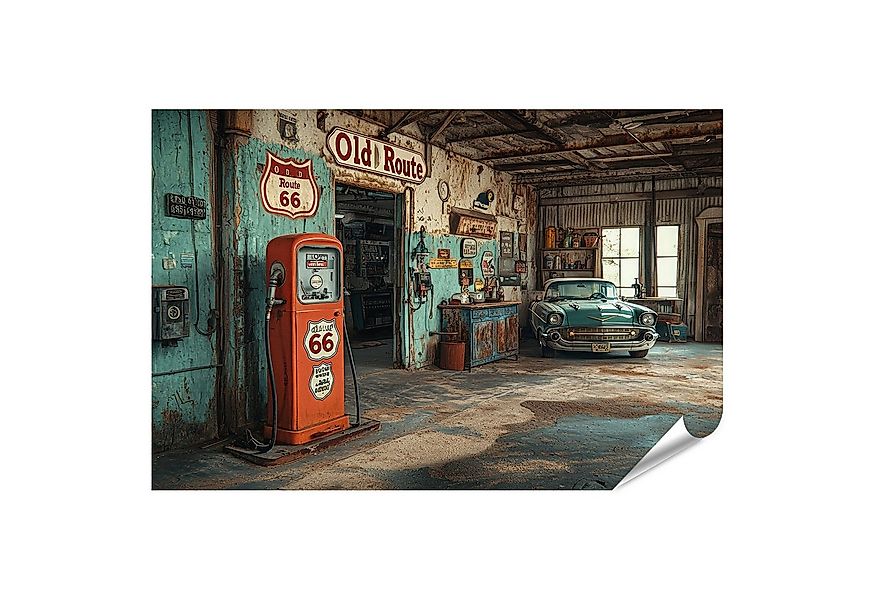 islandburner Poster Klassische Route 66 Tankstelle und Oldtimer Wandbild günstig online kaufen