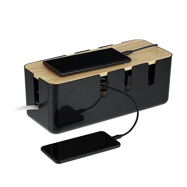 relaxdays Kabelbox mit Holzdeckel, Schwarz günstig online kaufen