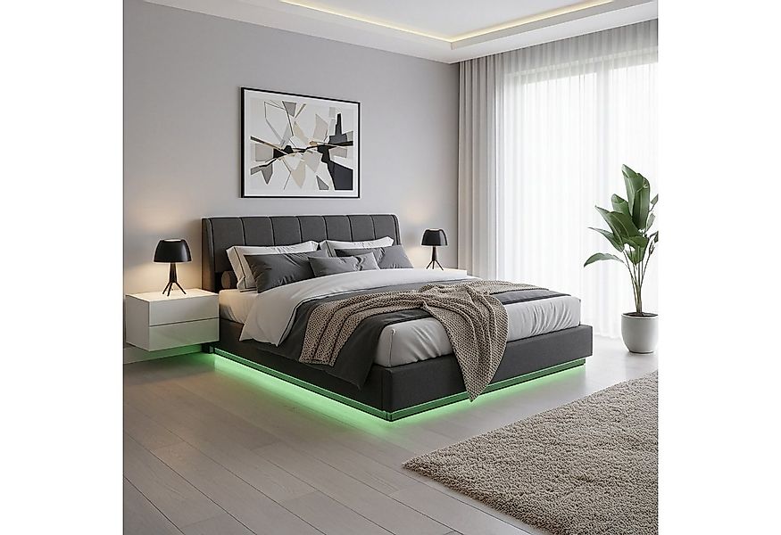 en.casa Polsterbett, »Tröstiar« mit LED-Beleuchtung Bettkasten Leinen 180 x günstig online kaufen