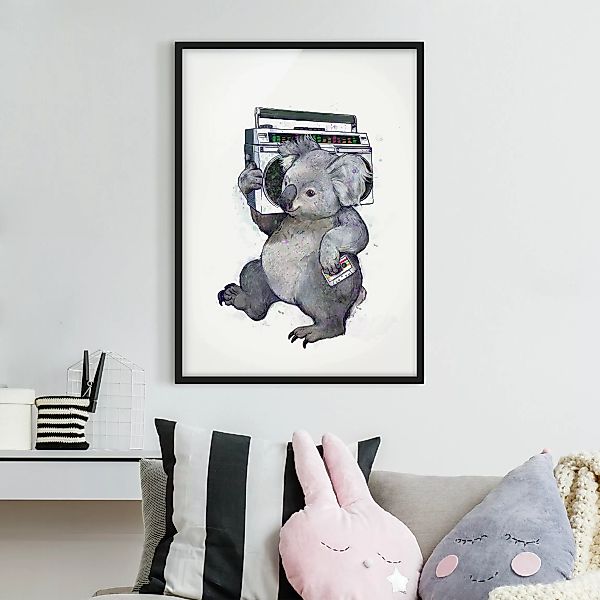 Bild mit Rahmen Tiere - Hochformat Illustration Koala mit Radio Malerei günstig online kaufen