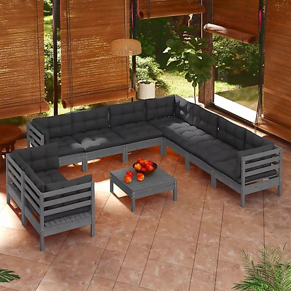 10-tlg. Garten-lounge-set Mit Kissen Grau Massivholz Kiefer günstig online kaufen