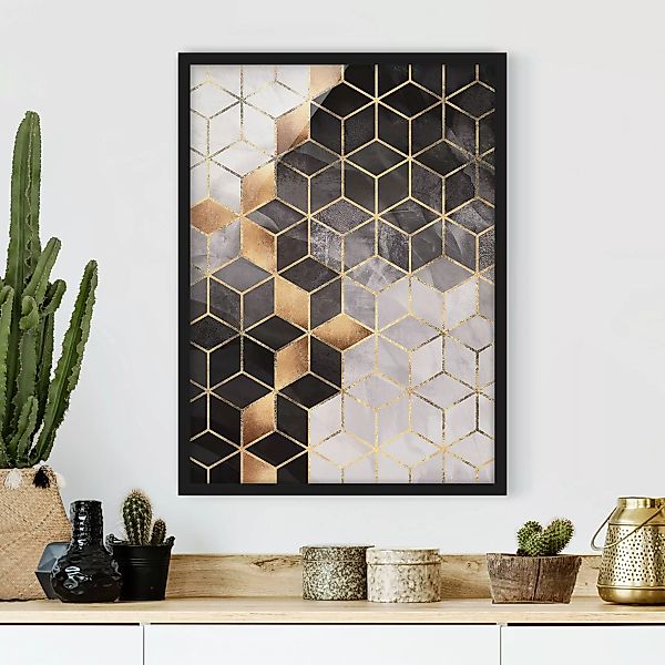 Bild mit Rahmen - Hochformat Schwarz Weiß goldene Geometrie günstig online kaufen