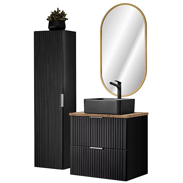 Badmöbel Set mit schwarzem Keramik Waschbecken und LED Spiegel, matt schwar günstig online kaufen