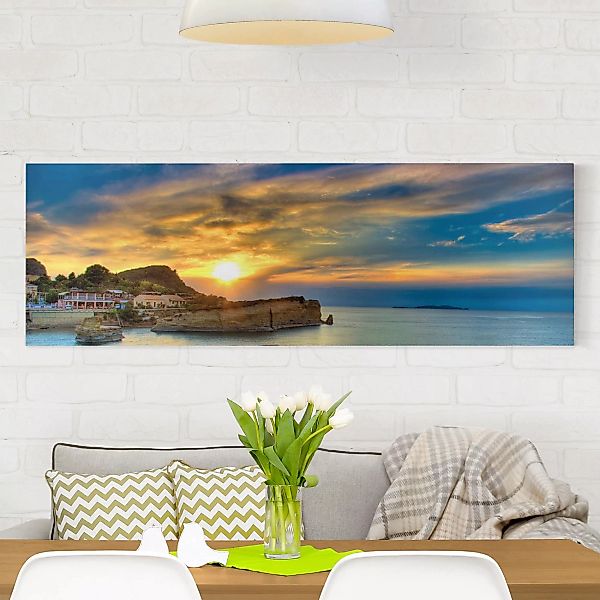 Leinwandbild Strand - Panorama Sonnenuntergang über Korfu günstig online kaufen