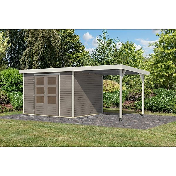 Karibu Gartenhaus Ernesto 5 D m. Anbaudach Wassergrau/Weiß 209 x 298 x 242 günstig online kaufen