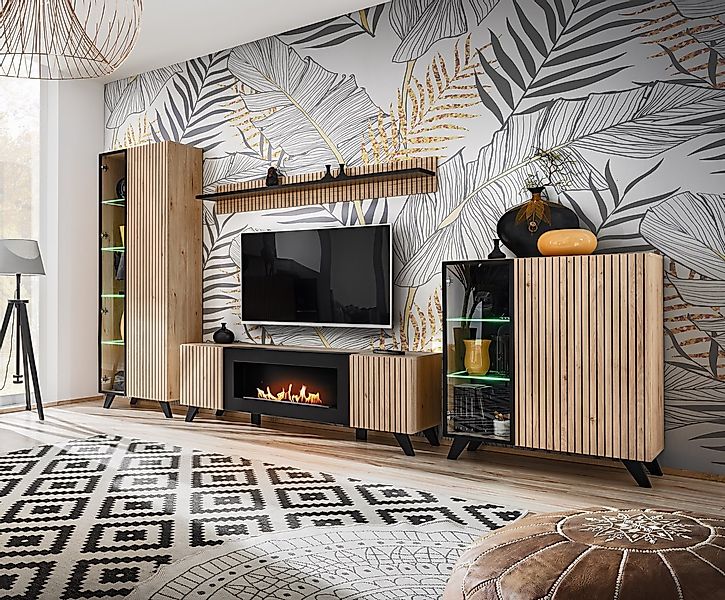 ASM-Moebel Wohnwand Wohnwand LIAM mit Lamellen und Bio Ethanol Kamin LED un günstig online kaufen