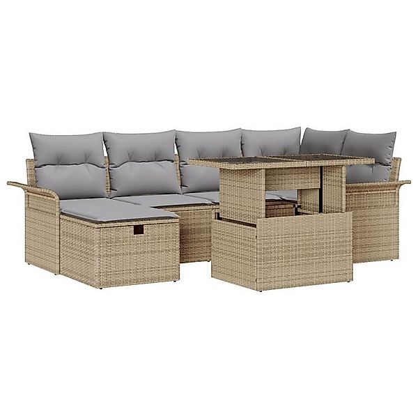 vidaXL Loungesofa 7-teiliges Garten Sofaset mit Kissen Beige Poly-Rattan, 7 günstig online kaufen