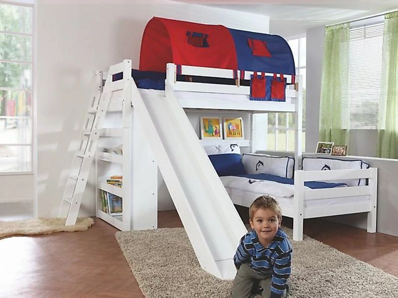 Natur24 Kinderbett Etagenbett Sky Buche massiv Weiß lackiert mit Tunnel Bet günstig online kaufen