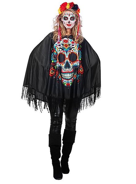 Metamorph Kostüm Dia de los Muertos Poncho mit Flower-Skull, Satin-Umhang m günstig online kaufen