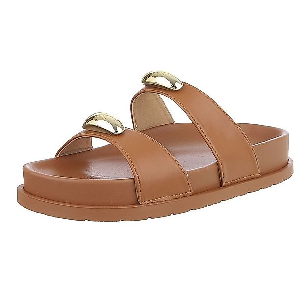 Ital-Design Bequeme Damen-Sandalen mit goldenen Details – Beige Pantolette günstig online kaufen