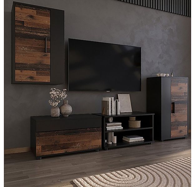Vicco Wohnwand Berno, Schwarz/Oldstyle, 2 Teile günstig online kaufen