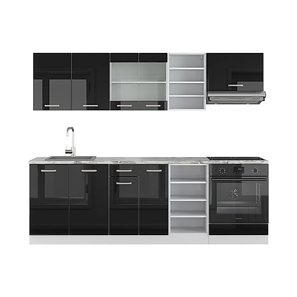 Vicco R-Line Küchenzeile Schwarz Hochglanz 240 cm AP Marmor günstig online kaufen