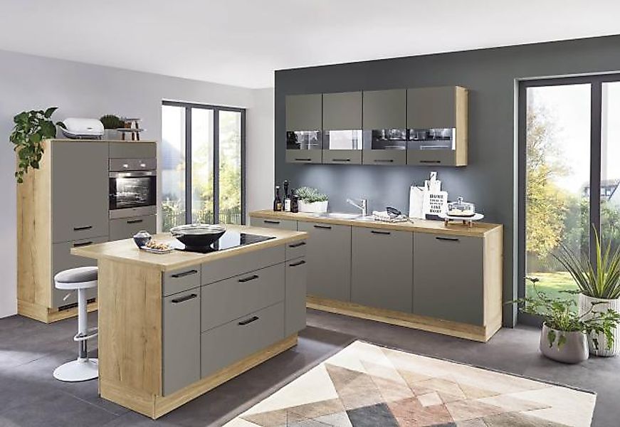Einbauküche mit Insel Taupegrau / Eiche Sierra inkl. Hängeschränke günstig online kaufen