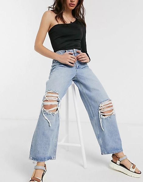 ASOS DESIGN – Lockere Dad-Jeans mit hohem Bund und Zierrissen in mittlerer günstig online kaufen