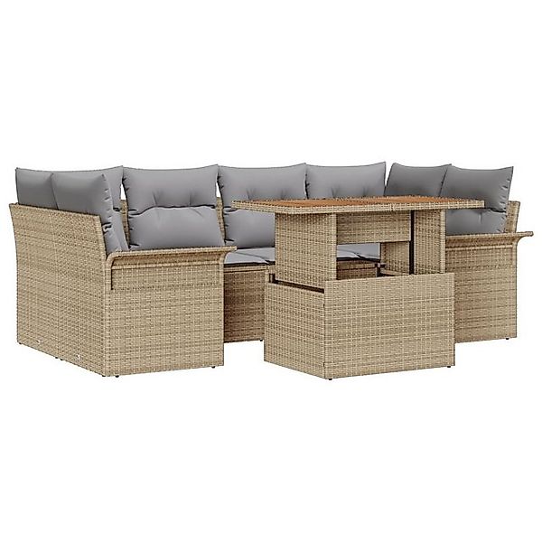 vidaXL Loungesofa 7-teiliges Garten Sofa Set mit Kissen Beige Poly-Rattan, günstig online kaufen