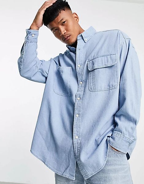 ASOS DESIGN – Extremes Oversize-Jeanshemd mit Vintage-Waschung in Blau günstig online kaufen