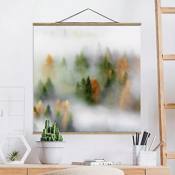 Stoffbild Wald mit Posterleisten - Quadrat Nebelwald im Herbst günstig online kaufen
