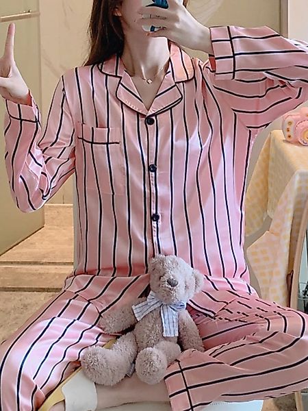 Plus Size Damen Faux Silk Vertikalstreifen Revere Collar Lange Pyjamas-Sets günstig online kaufen
