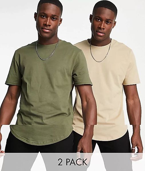 Only & Sons – 2er-Pack Longline-T-Shirts in Beige und Khaki mit abgerundete günstig online kaufen