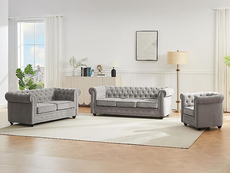 Sofa 3-Sitzer & 2-Sitzer & Sessel - Stoff - Grau - CHESTERFIELD günstig online kaufen